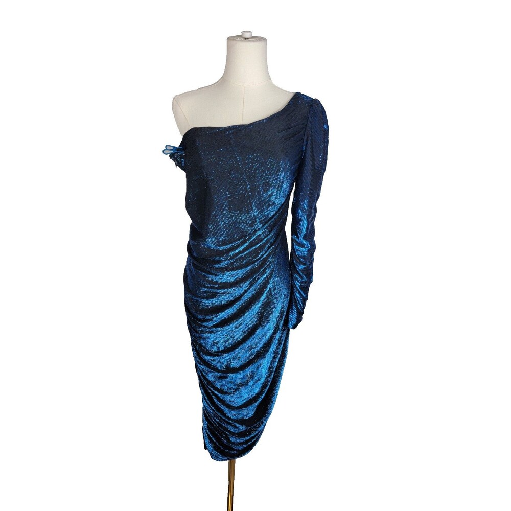 Vintage 70s 80s Metallic Lurex One Shoulder Evening Event Party Dress Sz 10 (S/M